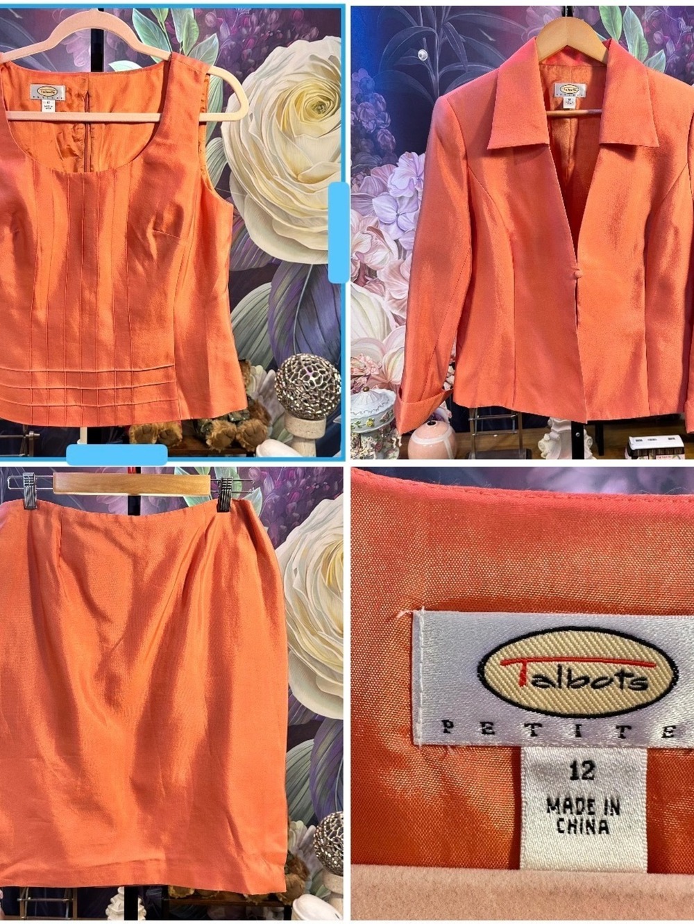 Talbots Petites 12 3 Piece Skirt Suit Set Silk Cotton Coral Career - Picture 1 of 14
